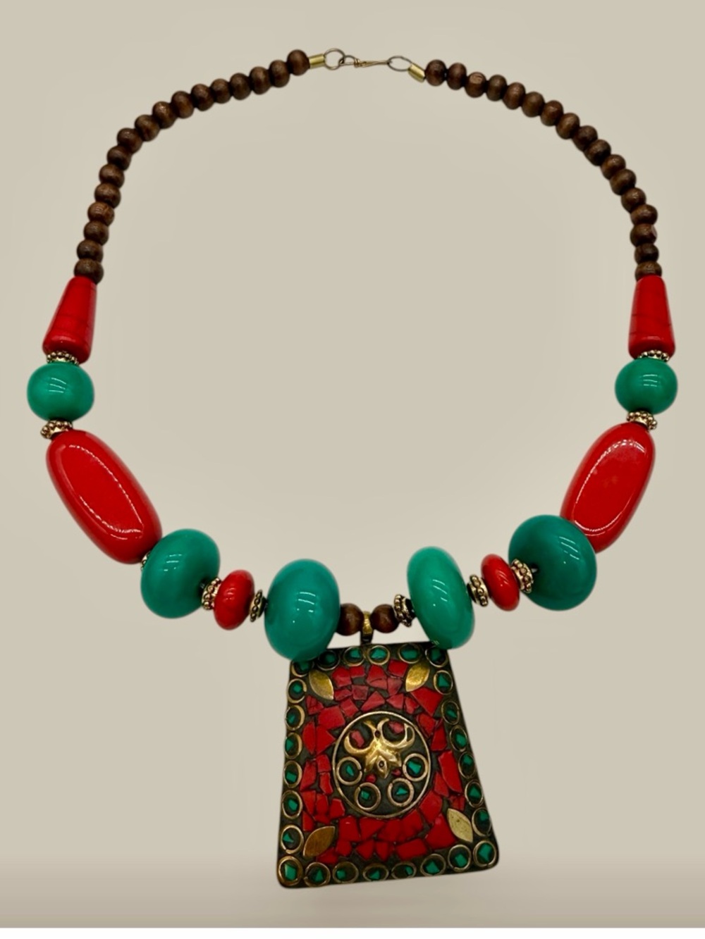Tibetan Ethnic Mosaic Red Coral and Turquoise Statement Pendant Brass Necklace - Picture 3 of 8